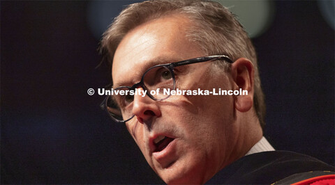 Chancellor Ronnie Green speaks to the crowd. Undergraduate Commencement at Pinnacle Bank Arena. Augu