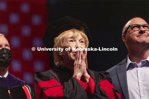 Leta Powell Drake, local television pioneer and Husker alumna, watches a video about her career on t