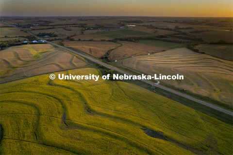 Corn and soybean fields in the final stages before harvest create a patchwork of colors at sunset bi