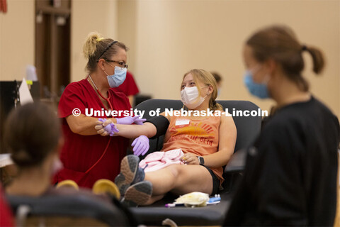 Students donating blood at the Homecoming week blood drive in Nebraska Union. September 28, 2021. 