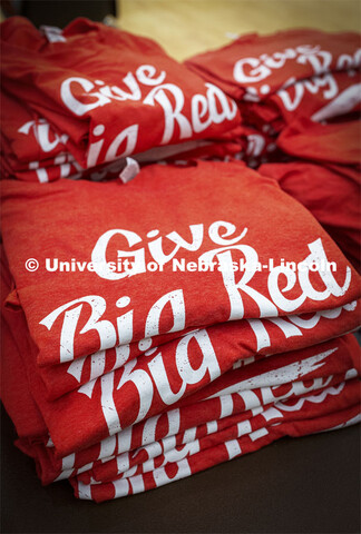 A stack of t-shirts await blood donars. Homecoming week blood drive in Nebraska Union. September 28,