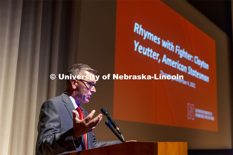 Chancellor Ronnie Green talks at the celebration in the Sheldon auditorium. Book launch and celebrat