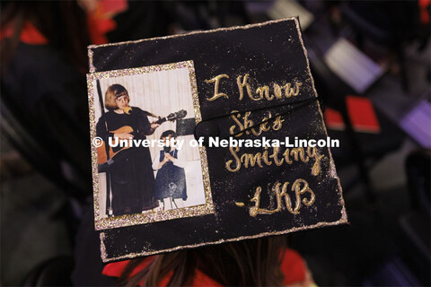 Decorated mortarboards at the Undergraduate Commencement at Pinnacle Bank Arena. December 18, 2021. 