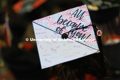 Decorated mortarboards at the Undergraduate Commencement at Pinnacle Bank Arena. December 18, 2021. 