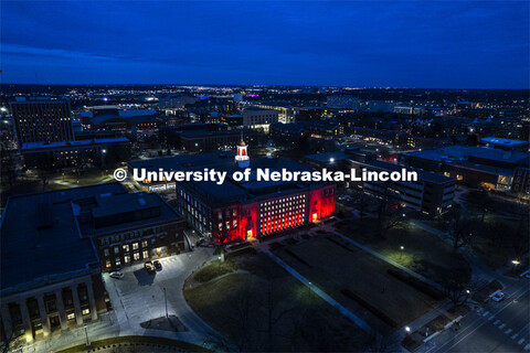 Aerial view of City Camps at night during Glow Big Red. February 16, 2022. 