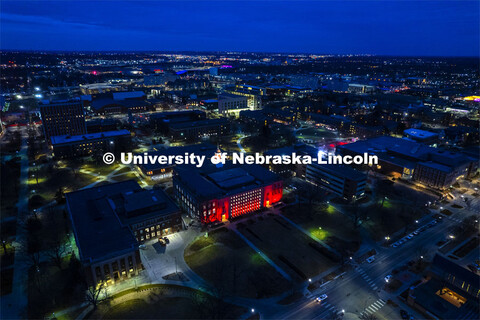 Aerial view of City Camps at night during Glow Big Red. February 16, 2022. 