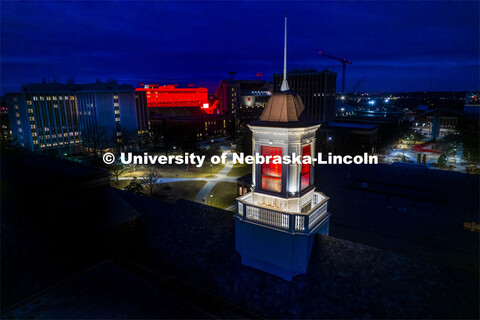 The Love Library and cupola are lit up with red lights for Glow Big Red. February 16, 2022. 