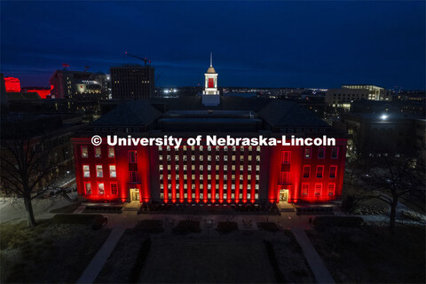 The Love Library and cupola are lit up with red lights for Glow Big Red. February 16, 2022. 