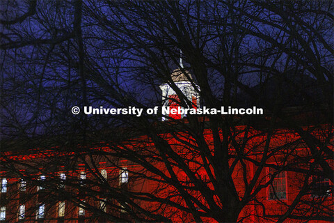 The Love Library and cupola are lit up with red lights for Glow Big Red. February 16, 2022. 