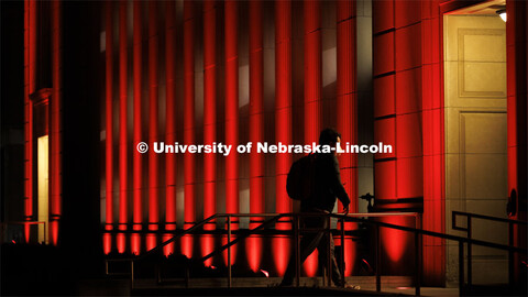 The Love Library and cupola are lit up with red lights for Glow Big Red. February 16, 2022. 