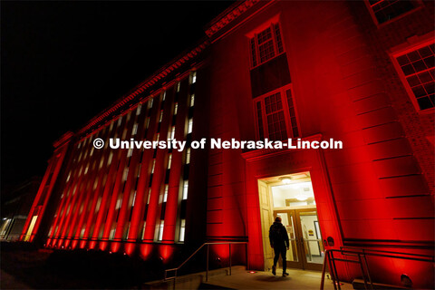 The Love Library and cupola are lit up with red lights for Glow Big Red. February 16, 2022. 