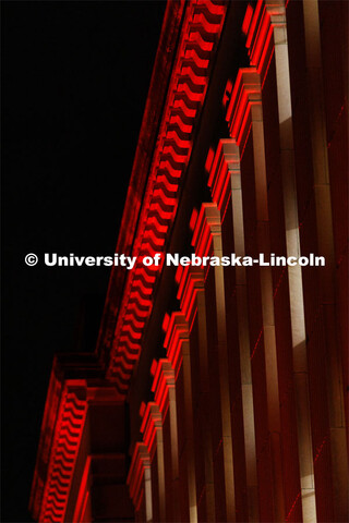 The Love Library and cupola are lit up with red lights for Glow Big Red. February 16, 2022. 