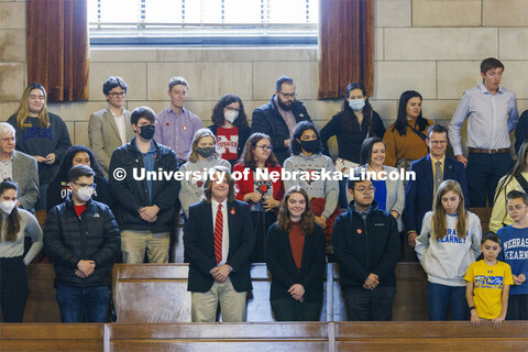NU supporters gather in the balcony of the Norris Legislative Chamber to be recognized by the Nebras