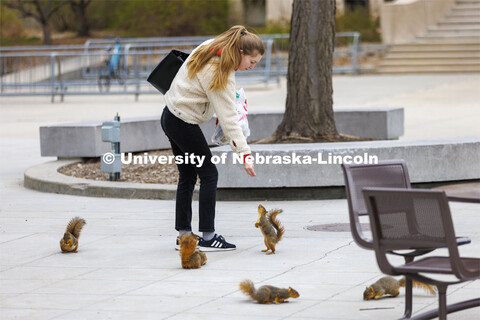 Natalia Vorobeva, a graduate student in chemistry, feeds a ring of squirrels outside the Nebraska Un