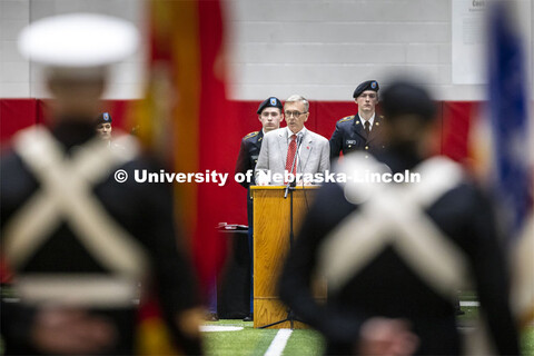 UNL Chancellor Ronnie Green gives his remarks to the cadets. ROTC Joint Service Chancellor’s Revie