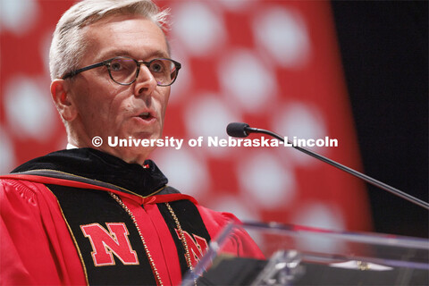 Chancellor Ronnie Green gives his welcome to those in the arena. Graduate commencement in Pinnacle B