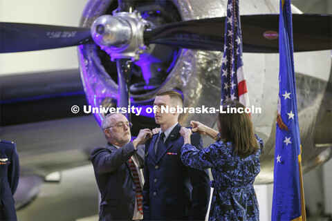 Second Lt. Matthew Hotz has his bars pinned onto his uniform by his parents. The university’s Air 