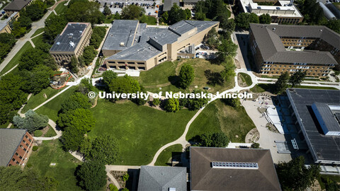 The central green space on East Campus awaits a renovation. May 27, 2022. 