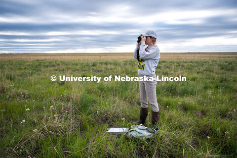 PhD student Grace Schuster looks and listens for different bird species during point counts, which a