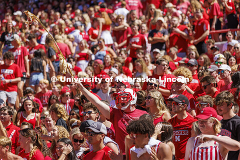 Denis McGinty, a sophomore from Chicago, suited up with a helmet and cornstalk for the game. Student