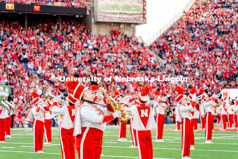 Cornhusker Marching Band plays for the halftime show. Nebraska vs. Georgia Southern football in Memo