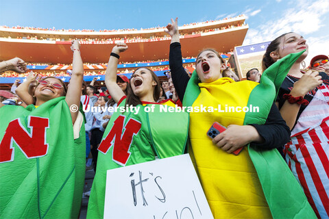 Cait Steiner, Kori Kowalewski and Emily Steiner cheer on the Huskers wearing corn costumes. Nebraska