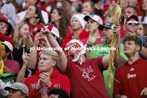 Fans cheer for the Huskers. Nebraska vs. Georgia Southern football in Memorial Stadium. September 10