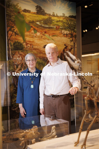 Nebraska paleontologist Ross Secord and Judy Diamond pose next to a Mesohippus skeleton. The two are