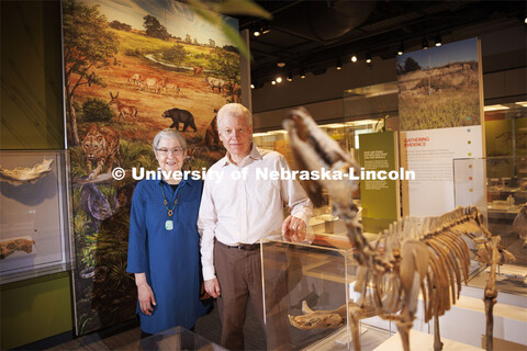 Nebraska paleontologist Ross Secord and Judy Diamond pose next to a Mesohippus skeleton. The two are
