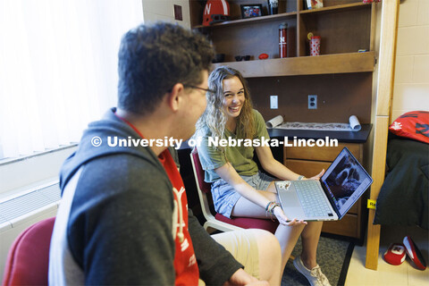 Students socializing in their dorm rooms. Housing Photo Shoot in Able Sandoz Residence Hall. Septemb