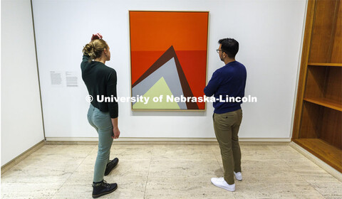 Janelle Stevensen and Christian Wurst look over the Red sea, a painting by African American artist F