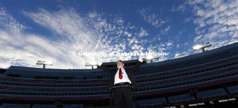 Anthony Falcone directs the Cornhusker Marching Band. Nebraska vs. Indiana football Homecoming game.