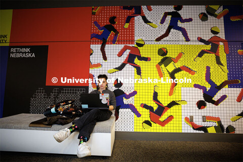 Isabelle Kripps, a sophomore from Omaha, studies in front of the large wall mural on the third-floor