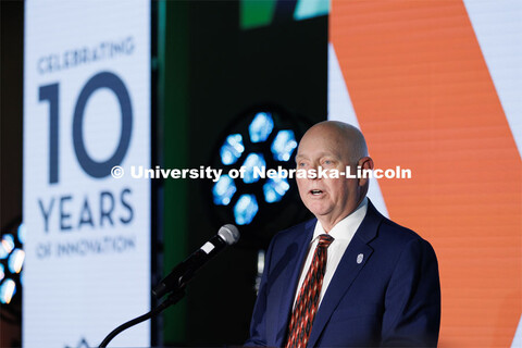 NIC Executive Director Dan Duncan talks with attendees at the Nebraska Innovation Campus celebration