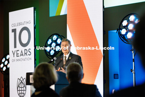 NU President Ted Carter talks with attendees at the Nebraska Innovation Campus celebration. November