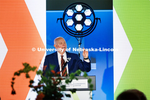 NIC Executive Director Dan Duncan talks with attendees at the Nebraska Innovation Campus celebration