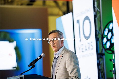 UNL Chancellor Ronnie Green talks with attendees at the Nebraska Innovation Campus celebration. Nove