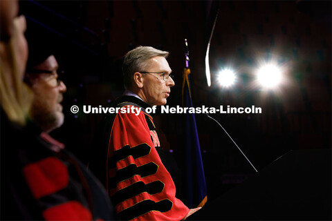 Chancellor Ronnie Green welcomes the graduates to the December Commencement in Pinnacle Bank Arena. 