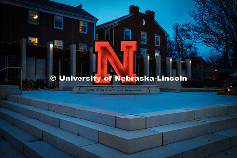 The Value of the N sculpture glows red outside of the Wick Alumni Center during Glow Big Red. Februa