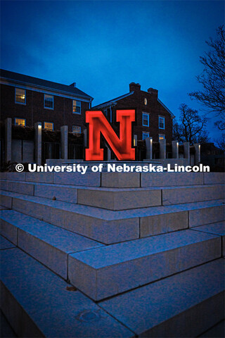 The Value of the N sculpture glows red outside of the Wick Alumni Center during Glow Big Red. Februa
