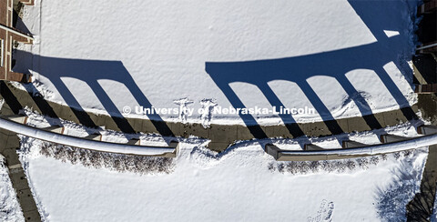 Aerial view of the snow on City Campus. A snowy Friday on city campus. February 17, 2023. 