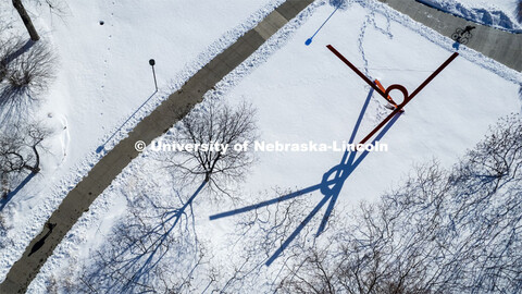 Aerial view of the snow on City Campus. A snowy Friday on city campus. February 17, 2023. 