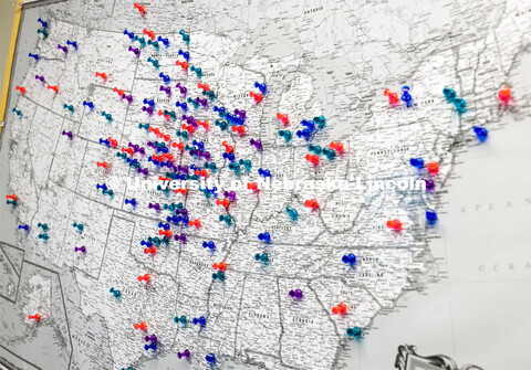 Pins on a map represent truck sales. Jeff Hornung, and his Pioneer Equipment business in Hastings, N