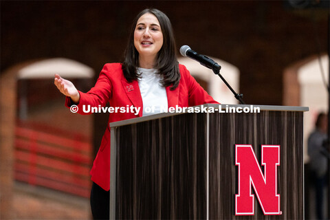 University of Nebraska interim director of admissions Kayla Tupper speaks to students during Admitte