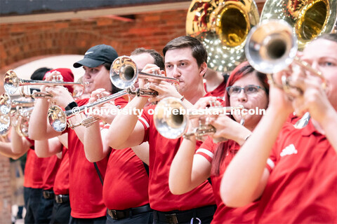 Members of the University of Nebraska-Lincoln marching band preform during Admitted Student Day insi