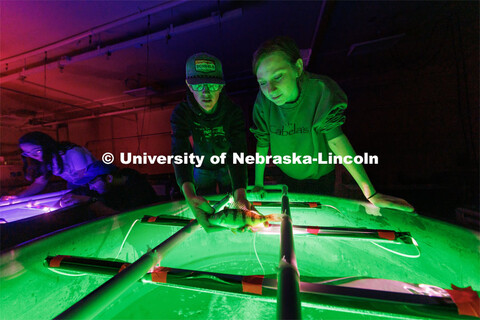 Alex Falkinburg and Ryann Freel hold a yellow perch that is being grown in green light. Aquatic Biod