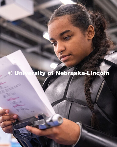 Freshman acting major Sydney Kwasa reviews his lines before filming of a final project at the Johnny