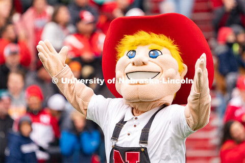 The new iteration of Herbie Husker hypes up the crowd before the Husker football spring game.  April