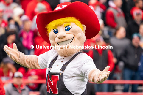 The new iteration of Herbie Husker hypes up the crowd before the Husker football spring game.  April