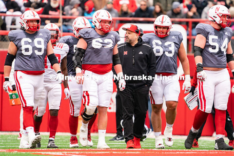 University of Nebraska football head coach Matt Rhule speaks to players during the spring game. Apri